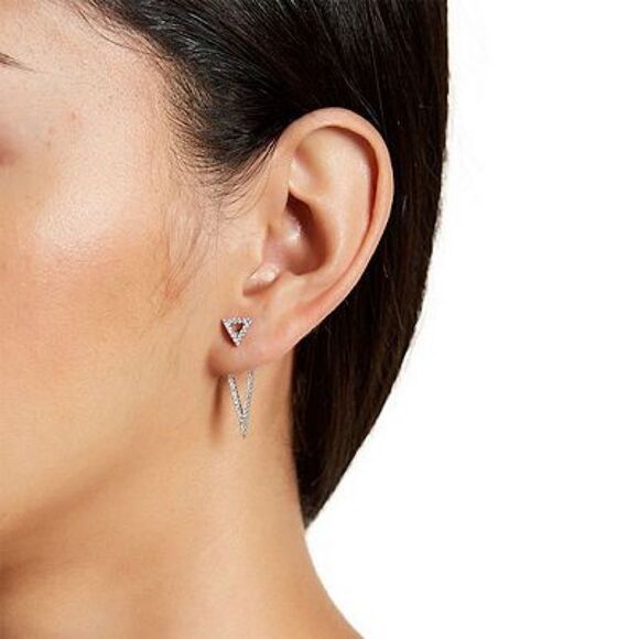 Adornia White Rhodium Plated Swarovski Crystal Accented Double Triangle Earrings - Picture 2 of 8